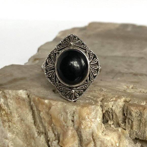 Sterling Silver 925 Thailand Scrollwork Filigree Oval Black Onyx Ring Sz 6.75 - Picture 11 of 16